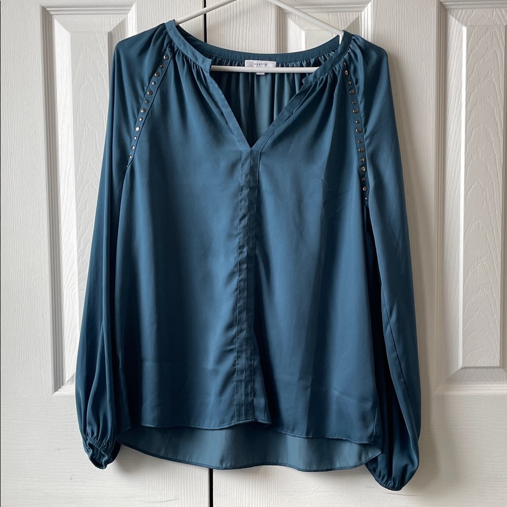 Maette Teal Satin Blouse with Stud Accents